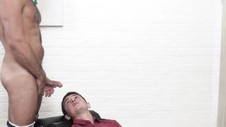 Bearded hunk bangs petite teen from behind until he cums
