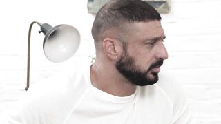 Bearded hunk bangs petite teen from behind until he cums