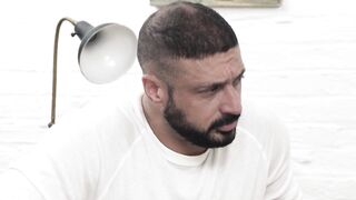 Bearded hunk bangs petite teen from behind until he cums