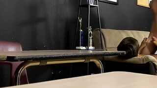Twink jerks himself off and cums while riding big bare dick