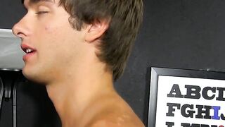 Twink jerks himself off and cums while riding big bare dick