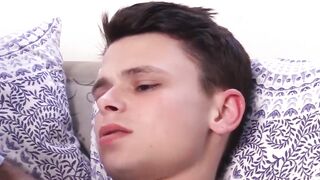 Charming stepson in pajama gets a sensual caress from attractive father