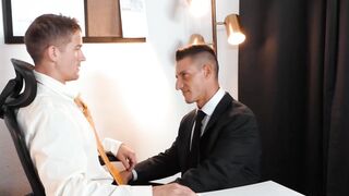 Jax Thirio is bent over the table while his stepson Brandon Anderson pumps his cock i
