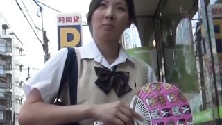Nerdy Japanese schoolgirl with glasses teases in public