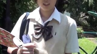 Nerdy Japanese schoolgirl with glasses teases in public