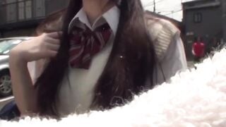 Nerdy Japanese schoolgirl with glasses teases in public