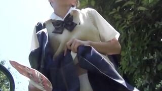 Nerdy Japanese schoolgirl with glasses teases in public
