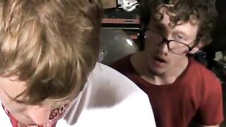 Hairy cock teenagers fucking bareback in the garage after BJ