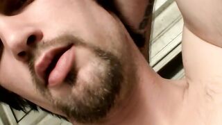 Handsome deviant pees over himself before masturbating solo