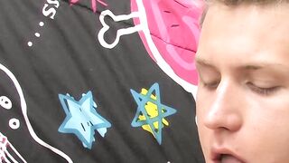 Blonde twink Chad shoves huge dildo in hot ass while wanking