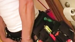 Masked repair man strips naked and blown by gay man
