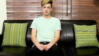 Adorable twink is interviewed and then he takes a big toy