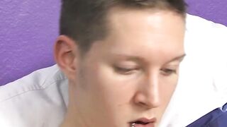 Tattooed skinny twink Ryan sprays cum after dick stroking