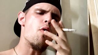 Hot Nolan nearly finishes a whole pack of cig after smoking and jerking in the closet