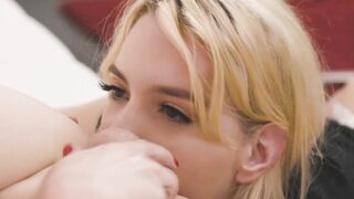Blonde Kenna James is bent over the desk as shemale Natalie Mars slipped her cock ins