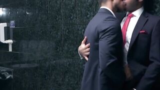 Inked muscle businessmen fuck doggystyle during office hours