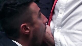 Inked muscle businessmen fuck doggystyle during office hours