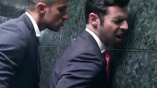 Inked muscle businessmen fuck doggystyle during office hours