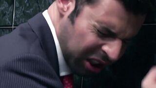 Inked muscle businessmen fuck doggystyle during office hours