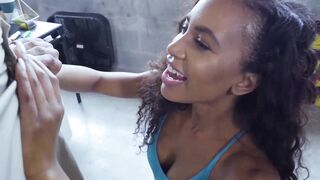 Gorgeous ebony teen Demi Sutra working on big white cock