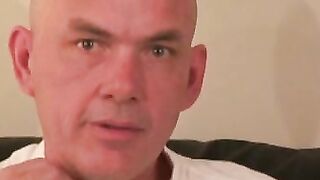 Bald amateur teases his thick throbbing cock in kinky solo
