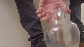 Bearded straight dude tugging and spraying the mirror