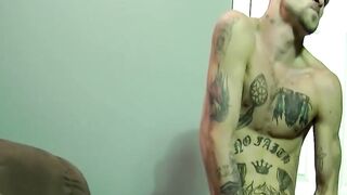 Tattooed skinny dude has his cock sucked by older gay