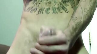 Tattooed skinny dude has his cock sucked by older gay