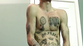 Tattooed skinny dude has his cock sucked by older gay