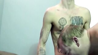 Tattooed skinny dude has his cock sucked by older gay