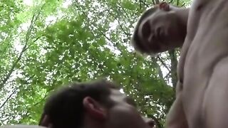 Kinky tattooed youngsters deepthroating cock in the woods