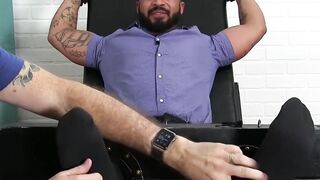 Tied up black hunk endures feet tickling torment by old dom