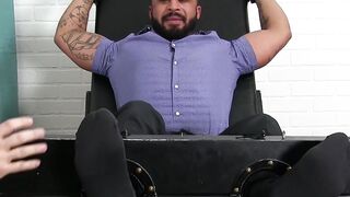 Tied up black hunk endures feet tickling torment by old dom