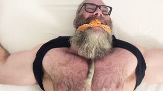 Bound bearded muscular hunk recives body and foot tickling
