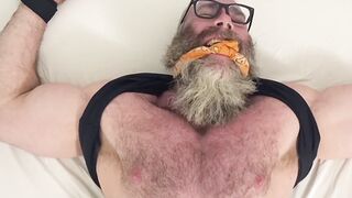 Bound bearded muscular hunk recives body and foot tickling