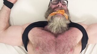 Bound bearded muscular hunk recives body and foot tickling