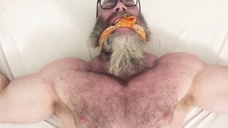 Bound bearded muscular hunk recives body and foot tickling