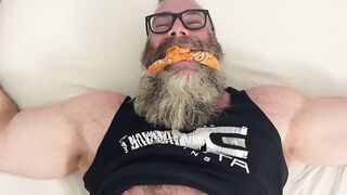 Bound bearded muscular hunk recives body and foot tickling