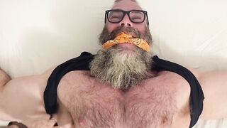 Bound bearded muscular hunk recives body and foot tickling