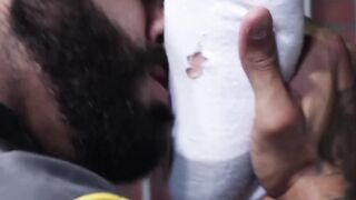 Deviant bearded guard foot fucks restrained prisoner