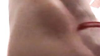 Pretty amateur moans while teasing his thick hairy cock