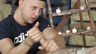 Jock jerked off hard while hot wax gets poured all over him