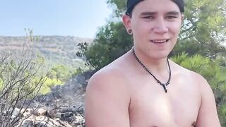 Handsome Sam Carter enjoys outdoor ball tugging while jerking off
