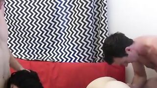 Horny guys hot spitroast threesome drilling sexy brunette