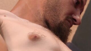 Bald and bearded John causes his tall schlong to expel a good amount of spunk