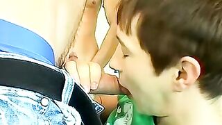 Cock hungry Ethan O'Reilly receives facial after blowing cocks in foursome