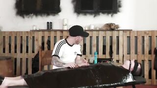 Twinky dude Myott Hunter is blindfolded and wrapped in plastic for pleasure