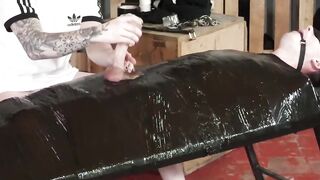 Twinky dude Myott Hunter is blindfolded and wrapped in plastic for pleasure