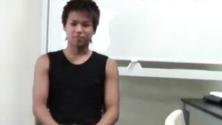 Japanese twink strips to stroke his dick and shoot big loads