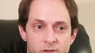 Handsome hunk jerks off his throbbing dick after interview